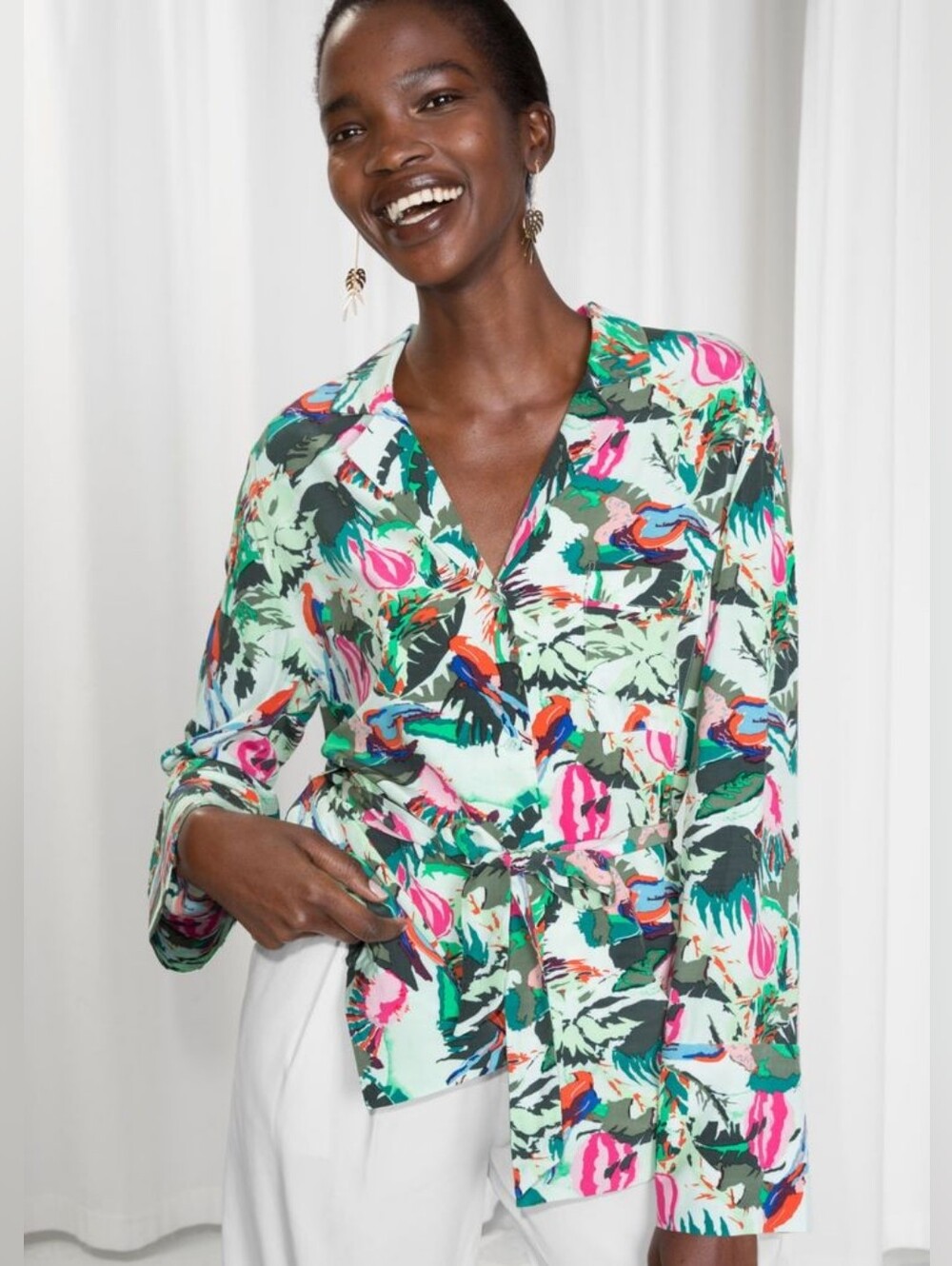 NWT & Other Stories Paris Atelier Tropical Print Waist Tie Shirt Size US 4
